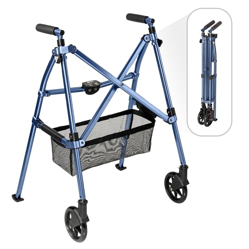 Stander Wonder Walker Plus Lightweight Folding Mobility Aid for Adults Seniors and Elderly Collapsible Travel EZ Fold-N-Go with Wheels Glides & Basket Cobalt Blue