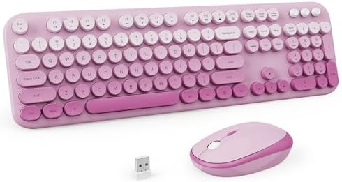 Wireless Keyboard and Mouse Combo, 2.4GHZ Typewriter Retro Full Size Keyboards, Cute Colorful Computer Keyboard and Wireless Mouse for Laptop/Desktop/Windows/PC (Pink Gradient)