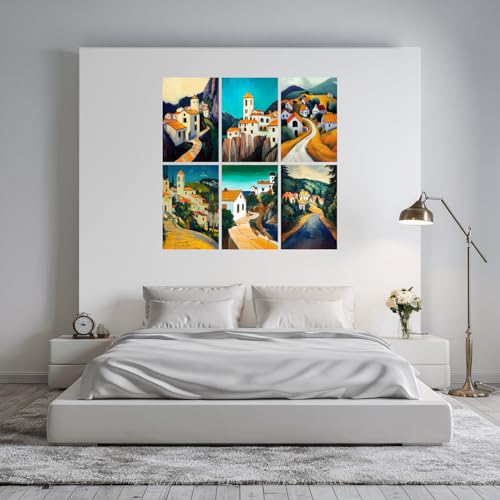 Image of SiddArtify Architectural Wall Art Poster Print Set - Mediterranean Village Landscape Decor for Living Room Office - 8x12 Sticker Pack of 6