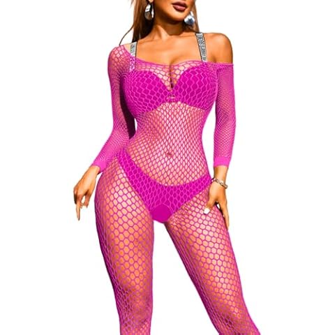 Kaei&Shi Sexy Lingerie Glow In The Dark Party Fishnet Bodystocking Rave Outfits Festival For Women Plus Size Bodysuit Suit Outfit One Piece Long Sleeve Poster Neon Pink One Size Cover