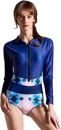 Women's Rash Guard One Piece Long Sleeve Front Zip Printed Sun Protection Surfing Swimsuit Swimwear Bathing Suit