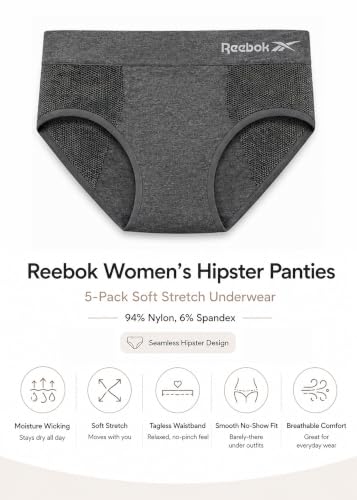 Image of Reebok Womens Hipster Panties 5 Pack Soft Stretch Underwear for Women | Moisture wicking hipster briefs with a tagless relaxed waistband Soft stretch fabric with a smooth, barely-there fit all day.