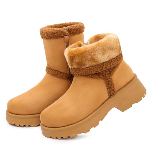 Womens Snow Boots with Zipper, Low Chunky Heel Mid-calf Slip On Boot Platform Riding Walking Outdoor Booties