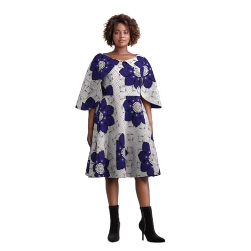 XUHOGU Robe en Polyester imprimé Africain | Robe mi-Longue à Ligne A pour Femmes en Wax avec Manches Cloche