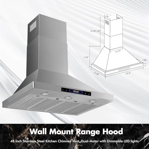 Image of VAV 48 inch Range Hood, 1500CFM Dual Motor, Gesture Control, Stainless Steel | Wall Mount Range Hood 4 Speed Exhaust Fan LED Lighting Convertible Vent