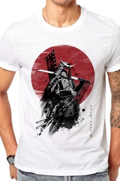 Unisex Basic Street Short Sleeve Crew Neck Cartoon Samurai Printed Slim Fitted T Shirt In White