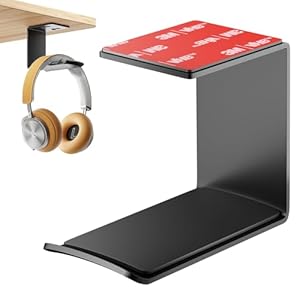 Headphone Stand Hanger,Headset Holder Mount,Aluminum Hook with Strong Adhesive Tape for Headphones (H02-Black-1PCS)