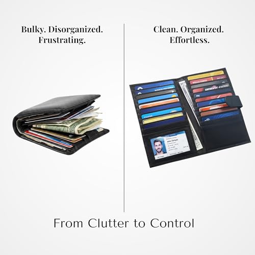 Image of Men's Genuine Leather Long Wallet RFID Blocking, 20 Card Slots, ID Window, 2 Bill Compartments, Snap Closure, Large Capacity Organizer Wallet