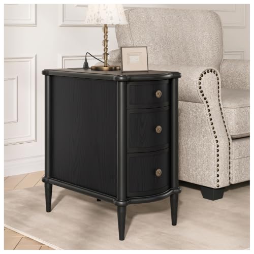 Image of JOINICE Narrow End Table with Drawers for Living Room, Vintage Black | Slim Nightstand with Storage for Bedroom, Skinny Bed Side Table with Charging Station for Small Spaces, Wood-Grain Texture