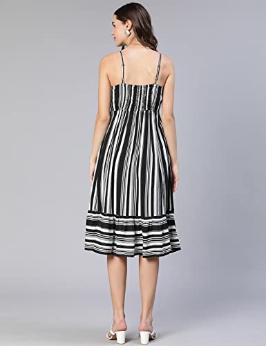 Image of oxolloxo Women Stripe Print Shoulder Strap Flared Dress
