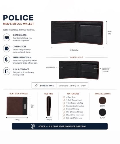 Image of Police Men's Genuine Leather Bifold Wallet with Coin Pocket | 4 Card Slots | Slim Wallet| 2 slip in pockets |Gift box packaging