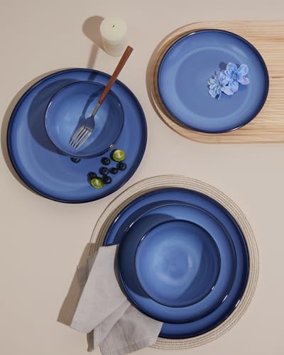 Image of Pokini Blue Stoneware Dinnerware Set, 12 pcs Reactive Glaze Plates and Bowls Sets, Handmade Round Dishes Set for 4, Highly Chip and Crack Resistant Modern Plate Set