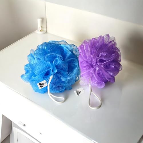 Image of QBZ Large Bath Loofah Sponge Scrubber Exfoliator for High Lather Cleansing (SKY BLUE & PURPLE, 1 Count (Pack of 2))