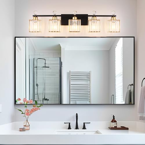 Image of Lxybcce Bathroom Vanity Lights Over Mirror - Easy Installation with Clear Guide, 5-Light Shadow-Free Design, Black and Gold Crystal Finish - for Modern Home Bathroom Lighting Fixtures in DIY Projects