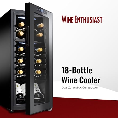 Image of Wine Enthusiast 18-Bottle Dual Zone MAX Compressor Wine Cooler - Freestanding Beverage Refrigerator, Mini Fridge with Digital Touchscreen, Split Storage, Energy-Efficient Cooling, and LED Display
