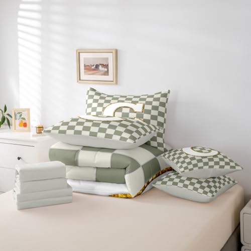 Image of Erosebridal Sage Green Checkered Queen Bedding Set 7 Piece Plaid Initial C Bed in A Bag with Sheets Personalized Monogram Comforter Set for Kids Adults,Fashion Grids Gingham Bed Sets