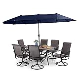 PHI VILLA Patio Dining Set with Umbrella for 6 Person, 1 Large Rectangular Woode-Like Top Table & 6 Swivel Patio Dining Chairs Set with 13ft Outdoor Market Umbrella(No Base), Navy Blue
