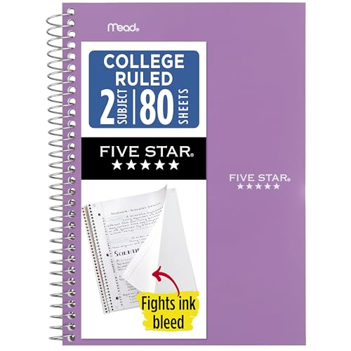 Five Star Spiral Notebook, 2 Subject, College Ruled Paper, 6" x 9-1/2", 80 Sheets, Fights Ink Bleed, Water Resistant Cover, Amethyst Purple (840029CF1-ECM)