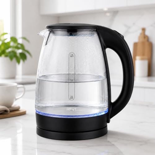 Image of Glass Electric Kettle 2L | Transparent Borosilicate Glass Body with Blue LED Light, Stainless Steel Heating Plate, 360 Swivel Base, Fast Boil Water Kettle for Tea, Coffee & Instant Beverages