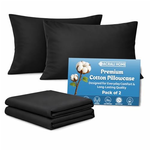 Acrali Home Black Egyptian Cotton Pillow Cases 2 Pack Standard Size 50x75 cm - 200 Thread Count - Hotel Quality Super Soft Breathable Pillow Covers with Envelope Closure