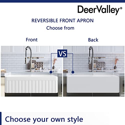 Double Bowl Kitchen Sinks, Deervalley Dv-1K503 Nova 33" L X 18" W Fireclay Farmhouse Sink, Reversible Apron Front White Kitchen Sinks #TOP5