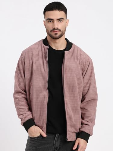 Image of SHOWOFFFF Men Solid Bomber Jacket | Mock Collar Full Sleeves Nylon Jacket for Mens | Slim Fit Regular Length Jacket for Men's