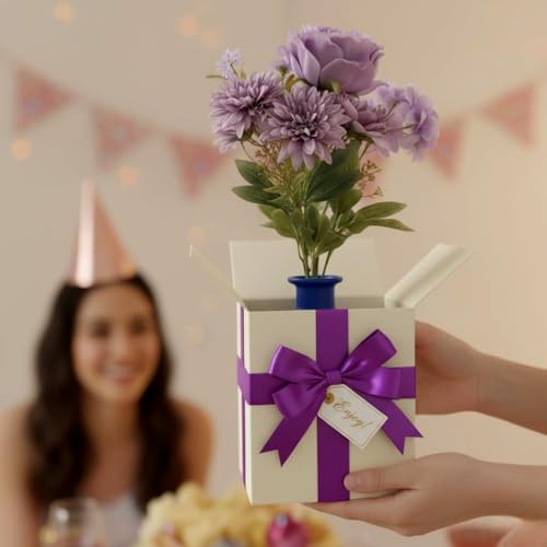 Image of Artificial Flower Bouquet - Purple Silk Roses, Peony & Mixed Flowers with Green Leaves | Realistic Faux Floral Arrangement for Home Decoration, Wedding, Party & Gift