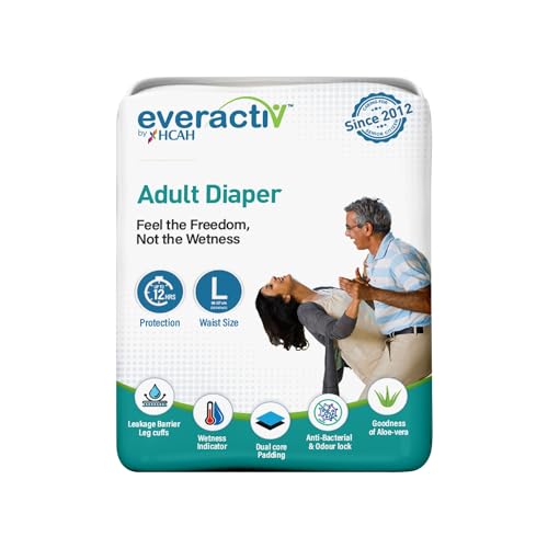 Image of EverActiv Adult Diaper - Wetness Indicator with Aloe Vera | Large (Waist 28-45 inches) - 10 Units (Pack of 1 x 10 Units) | Unisex (L, 10)