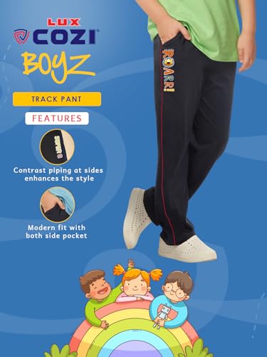 Image of Lux Cozi Boy's Premium Combed Cotton Graphic Printed Track Pants with Contrast Piping Design and Side Pockets | Print May Vary | Pack of 2 |