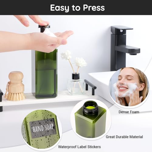Image of Segbeauty 22oz Empty Plastic Foam Bottle with Foaming Pump, 2pcs Refillable Bathroom Hand Soap Dispenser with Labels, 650ml Green Empty Square Kitchen Liquid Soap Container, Shampoo Pump Bottles