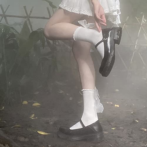 Sheer Ribbon Bow Ruffle Socks, Comfortable Sweet Cute Socks for Women and Girls, 2 Pairs (White&Black)4