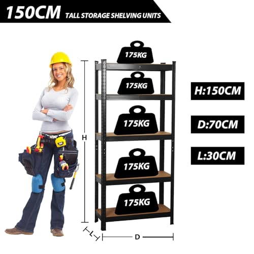Garage Shelving Units,5 Tier Shelving Unit Garage Shelves Storage Shelf Heavy Duty Shed Storage Racking Shelf Metal Boltless for Warehouse Workshop Office (Black, 70X30X150) - Image 4