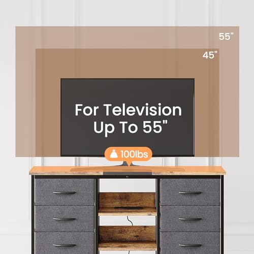 8 Drawer Dressers for Bedroom with Power Outlet, Wide Chest of Drawers TV Stand for 55 Inch TV, Dresser for Bedroom Furniture with Fabric Bins, Entertainment Center for Bedroom, Closet, Living Room