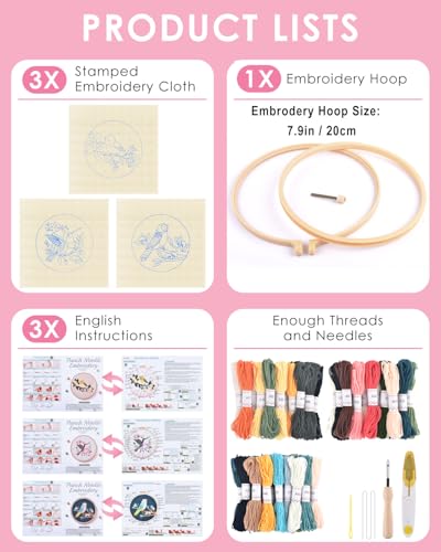 Image of TINDTOP Punch Needle Kits, Panda Punch Embroidery Kits for Adults | 3 Sets, Tool with Punch Needle Fabric, Hoops, Yarns and Sewing Needles (Bird)