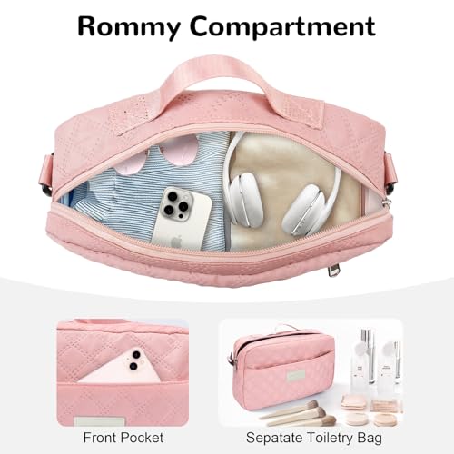 55L Quilted Travel Duffel Bag with Toiletry Bag for Women, Large Weekender Bag with Shoe Compartment, Pink4