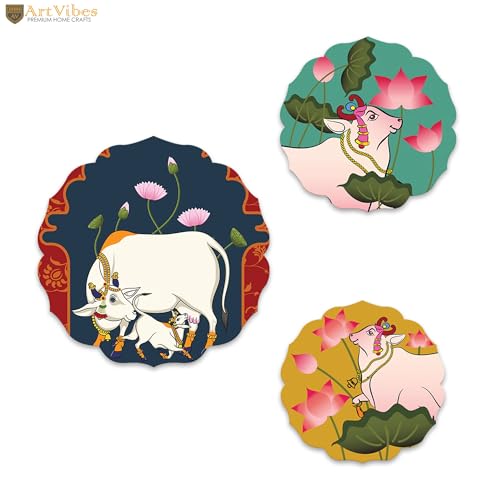 Artvibes Pichwai Designer Art Wooden Wall Hanging Decor | Decorative Hanging Item for Living Room | Office | Gift | Modern Wall Decoration Accessories for Home | Door Hanging Painting Item (WH_8814NN)