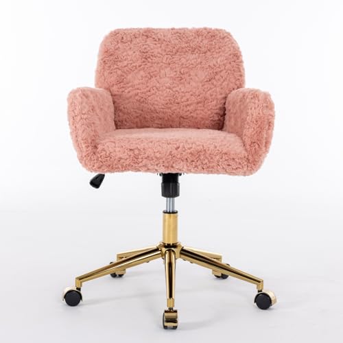 Warmiehomy Cute Office Chair, Modern Pink Desk Chair, Alpaca Fleece Makeup Vanity Desk Chair with Wheels & Gold Base, Ergonomic Adjustable Swivel Chair for Girls Women Vanity Bedroom Study