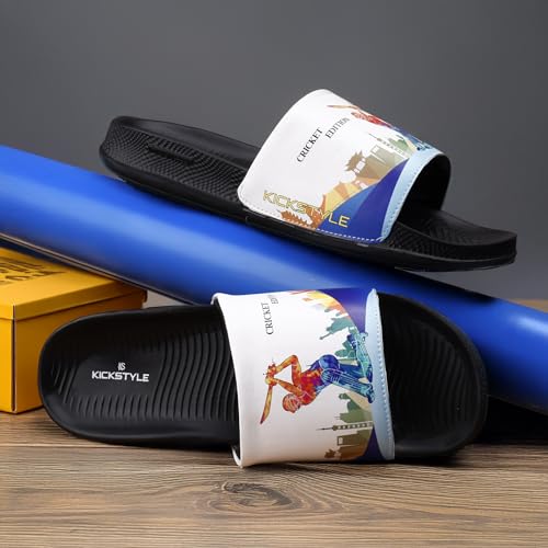 Image of Men's Cricket Edition Printed Sliders | Lightweight EVA Cushioned Slip-On Flip Flops | Anti-Skid Casual Bathroom, Home & Outdoor Sandals for Boys & Men