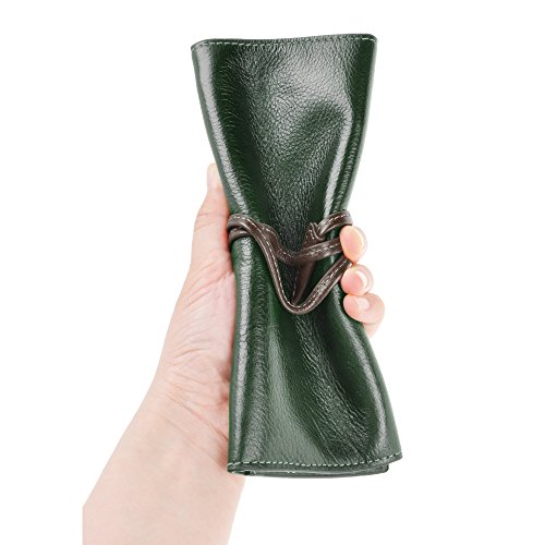 Image of ZLYC Handmade Leather Pencil Case Soft Roll Bag Stationery Gift,Green | multi slot pen storage design,school class daily use,office desk organizer,graduation holiday gift,foldable portable size