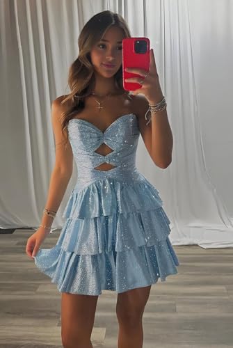 ForElise Sparkly Sequin Homecoming Dresses for Teens 2025 Cut Out Tiered Short Prom Dress2