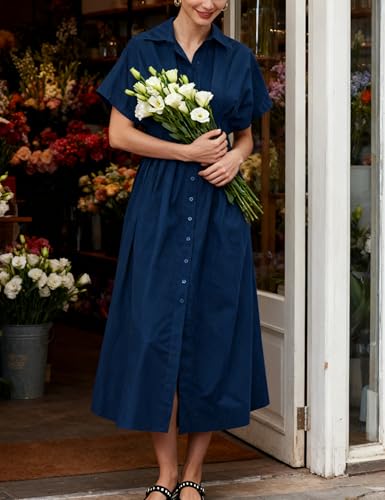 Image of Yeokou Shirt Dress for Women Summer Casual Short Sleeve Button Down Loose Pleated Maxi Sundress with Pockets