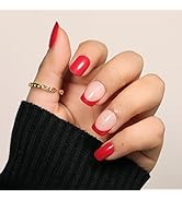 Celepaty French Tip Press on Nails Short Bold Red Glossy Glue on Fake Nails Kits Square Oval Full...