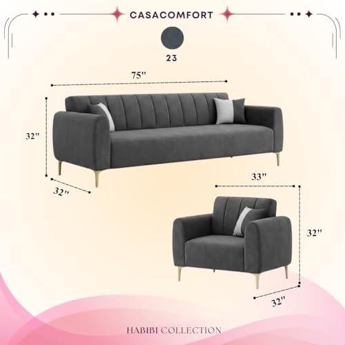 Image of Habibi Rich Velvet Suede 3+1+1 Seater Sofa Set | Spacious Soft Touch Comfort Seating | 5 Person Seating | Modern Living Room Sofa Set (Dark Gray)