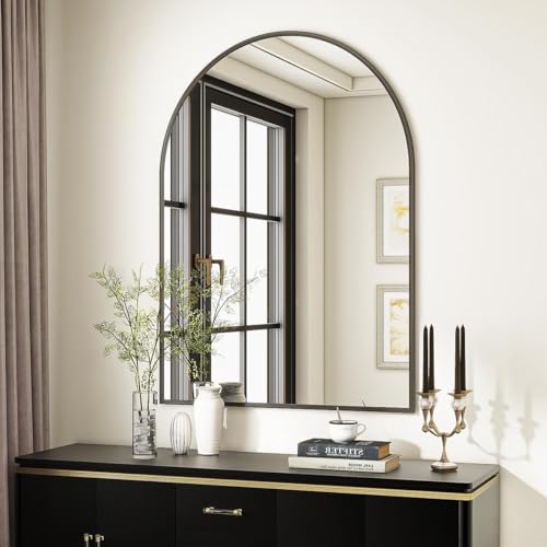 Image of VooBang Arched Wall Mirror, 30 x 38 inch Arch Bathroom Mirror, Wall Mounted Vanity Mirror with Arch Metal Frame, Modern Bathroom Vanity Mirror for Bedroom, Living Room, Hanging or Leaning, Black
