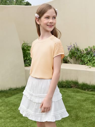 Image of Haloumoning Girls Summer Swiss Dot Short Sleeve T-Shirts Kids Crewneck Tops Cute Fashion Tees 5-14 Years