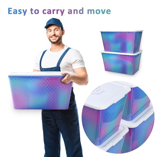 Image of SIMPLYKLEEN Storage Organizer Bins with Lids - 4PC 58QT Heavy-Duty Container Boxes Stackable and Nestable Storage Bins Plastic Large Storage Totes Rainbow Mermaid Bins for Home, Office, and Garage