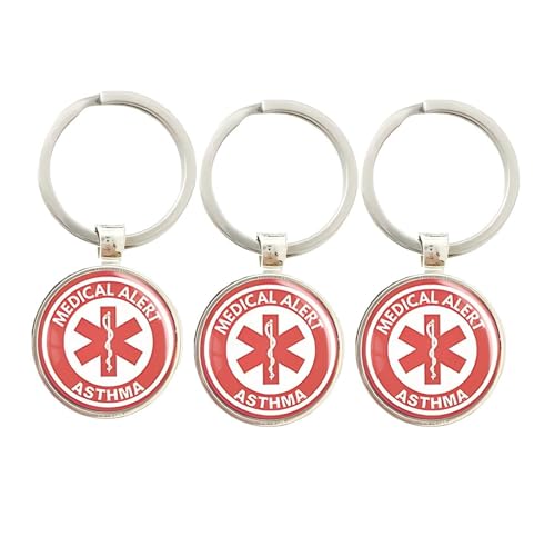 ZENRUIMING 3 llaveros de alerta médica para asma, llavero de aleación de zinc de cristal de alerta médica, accesorio de ropa para mochila, Rojo -, talla única
