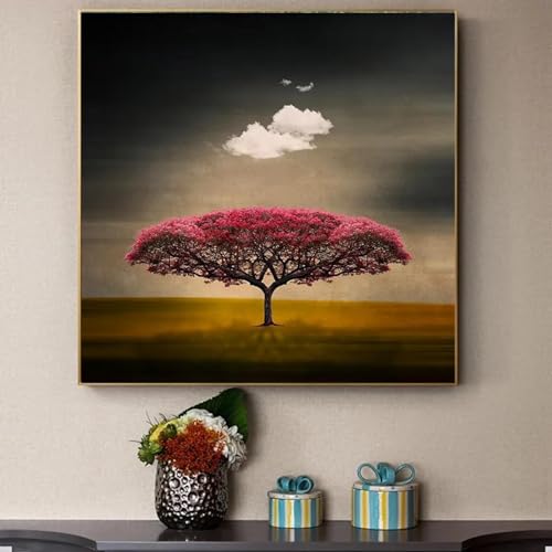 Toile paysage arbre rouge pour créer une ambiance vintage au salon
