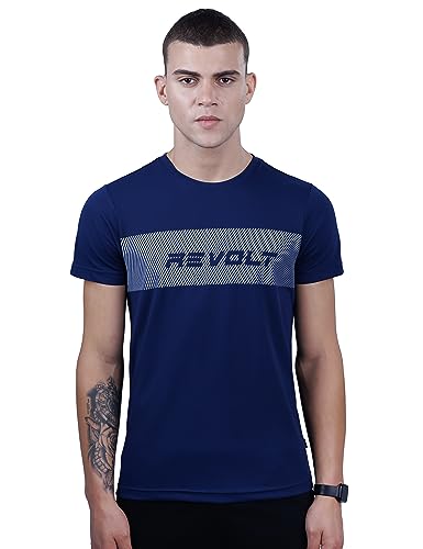 Image of Revolt Streetwear SINDICATE Men Revolt Men's Soft & Comfortable Round Neck T-Shirt - Gradation Print, Logo Branding (Midnight Navy, M)