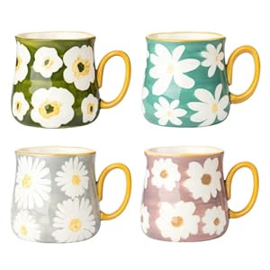 Ceramic Coffee Mug Set of 4, 16 Oz Porcelain Tea Cups with Flower Pattern, Hand Made Floral Ceramic Mugs for Latte, Cappuccino, Best Gifts for Christmas Mother's Day, Dishwasher Microwave Safe Ceramic Coffee Mug Set of 4 16 Oz Porcelain Tea Cups with Flower Pattern Hand Made Floral Ceramic Mugs for Latte Cappuccino Best Gifts for Christmas Mothers Day Dishwasher Microwave Safe